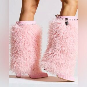 SPARKL FAIRY COUTURE Paris Rhinestone Studded Faux Fur Boots Heeled Pink Size 8